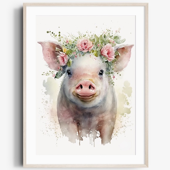 Watercolor Cute Floral Farm Pig Wall Art Illustration Print Poster Unframed - Picture 1 of 7